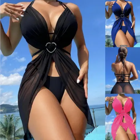 3pcs Halter Neck Bikini Beach Summer Solid Color Split
