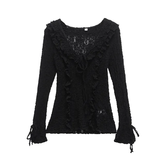 Spring And Summer Women's Long sleeved Slim Lace Laminated Decoration Top Black - Shop at LoveMi
