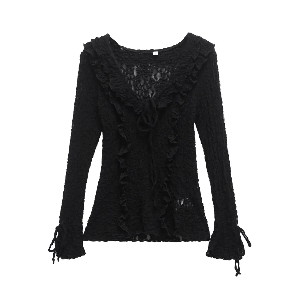 Spring And Summer Women's Long-sleeved Slim Lace Laminated Decoration Top - Black