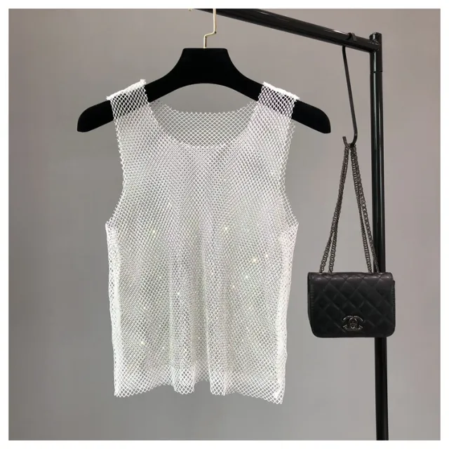 Rhinestone Mesh Waistcoat Women's Light Diamond Hollow Sleeveless Top White - Shop at LoveMi