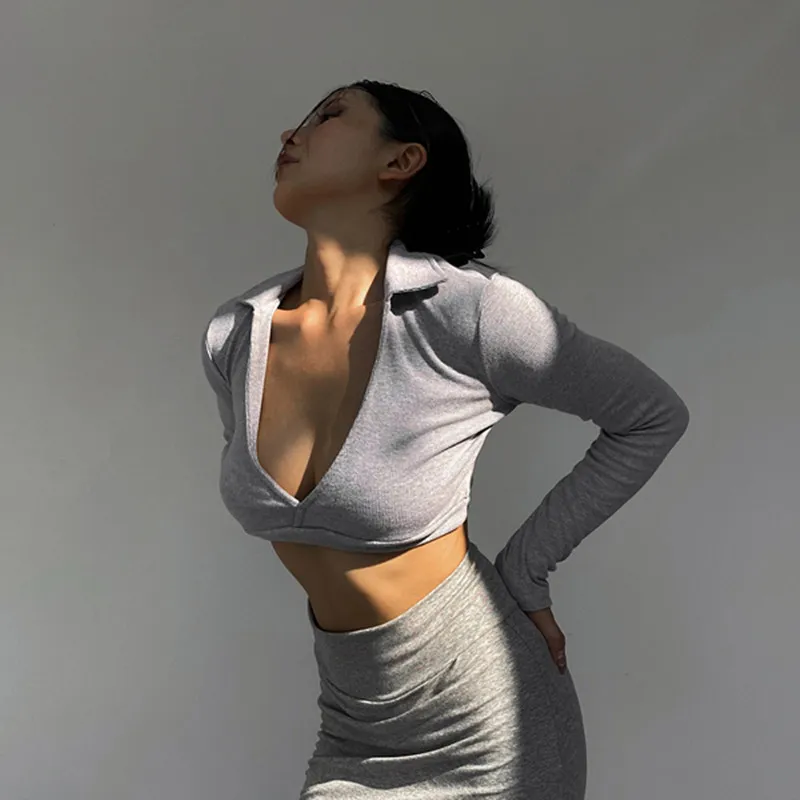 Lapel Deep V-neck Low Cut T-shirt Female Solid Color Long-sleeved Top - Gray