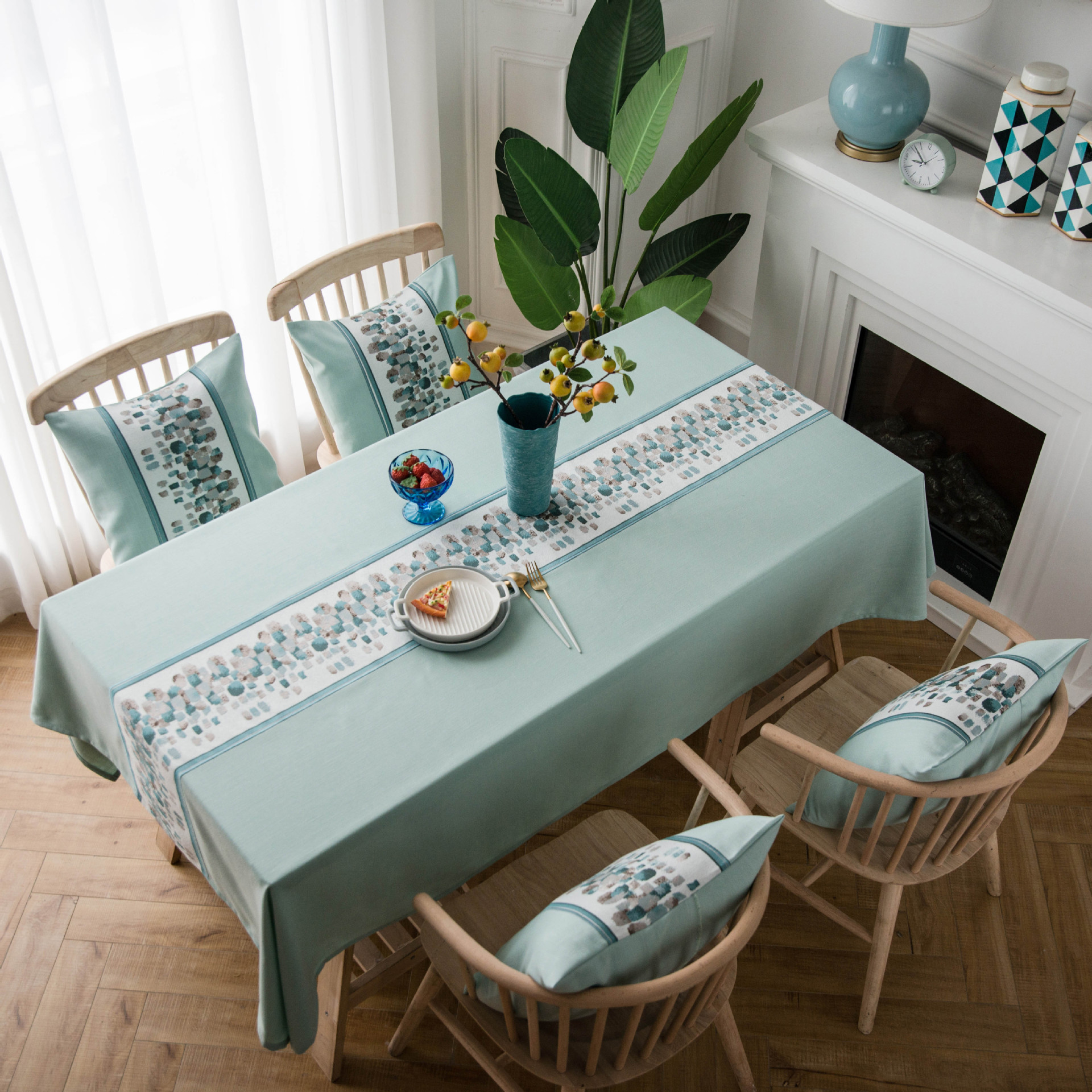 Rustic Blue Embroidered Cotton Faux Linen Tablecloth