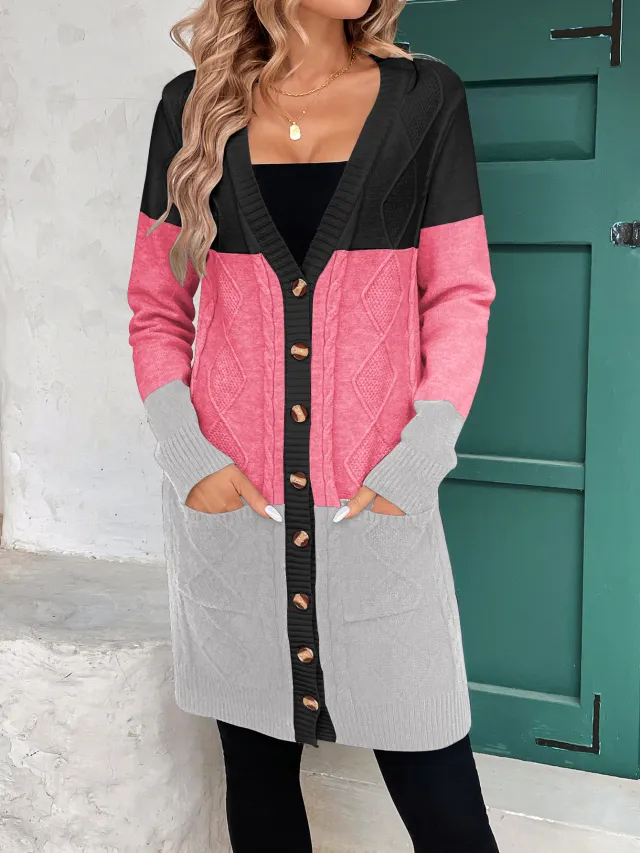 Thread Contrast Color Mid length Simple Style V neck Coat Dark Pink - Shop at LoveMi