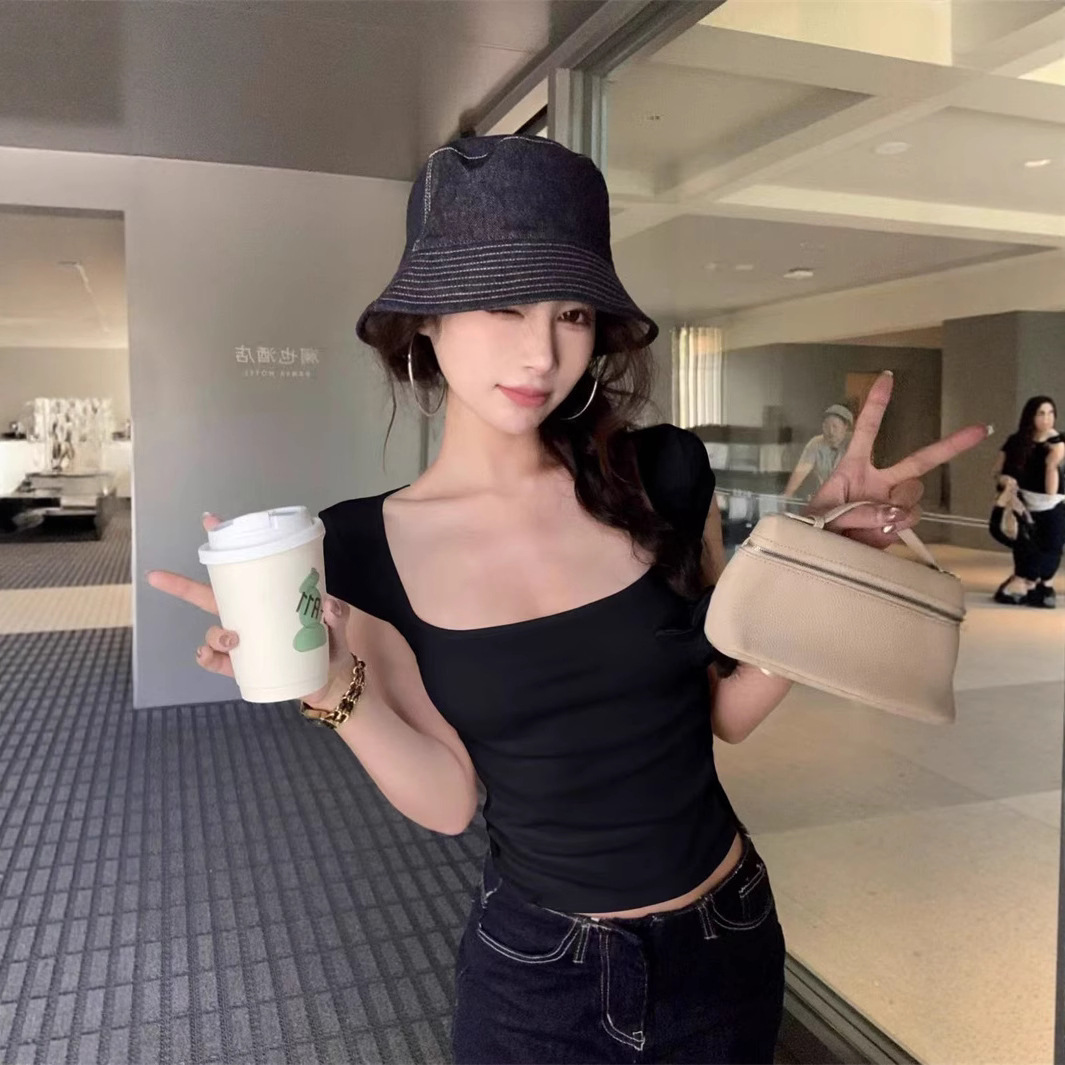 Slim-Fit Waist-Cinching Lace-Panel Square-Neck Short-Sleeve Knitted T-Shirt
