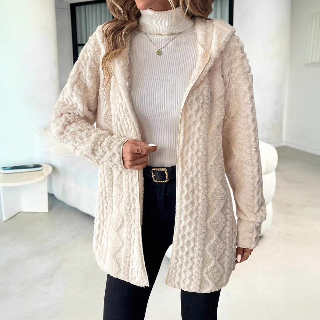 Women Solid Color Long Sleeve Hooded Textured Fleece Jacket For Winter