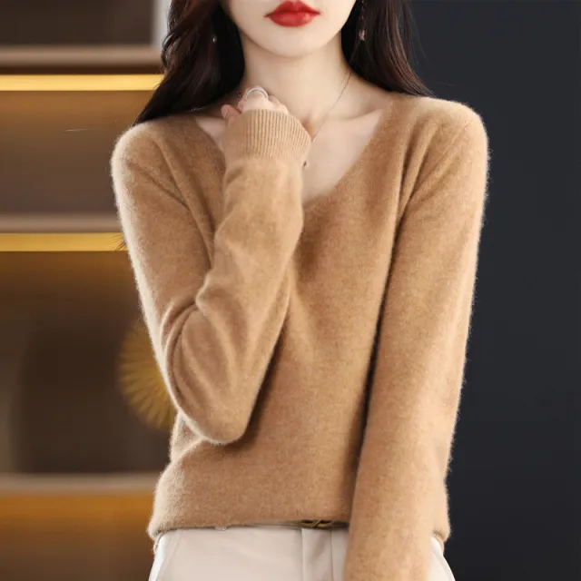 Women's Knitted New V neck Pullover Sweater Wool Base Shirt Camel - Shop at LoveMi