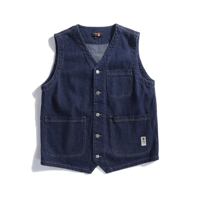 Several Pieces Japanese style Retro Multi pocket Workwear Denim Vest Blue - Shop at LoveMi