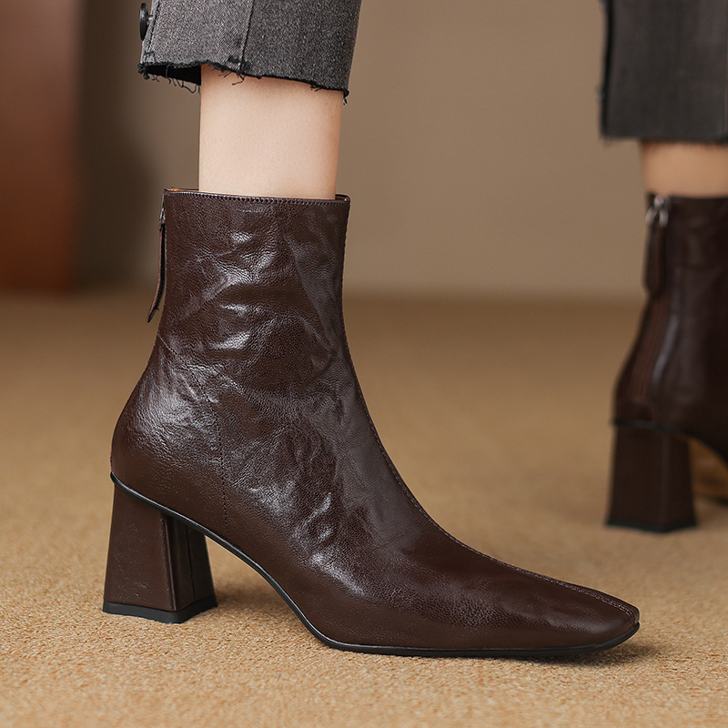 Retro Full-Grain Lambskin Fashion Genuine Leather Chunky Heel Ankle Boots With Back Zip