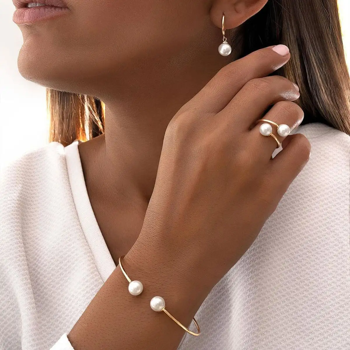 New Pearl Open Earrings Bracelet Ring Jewelry