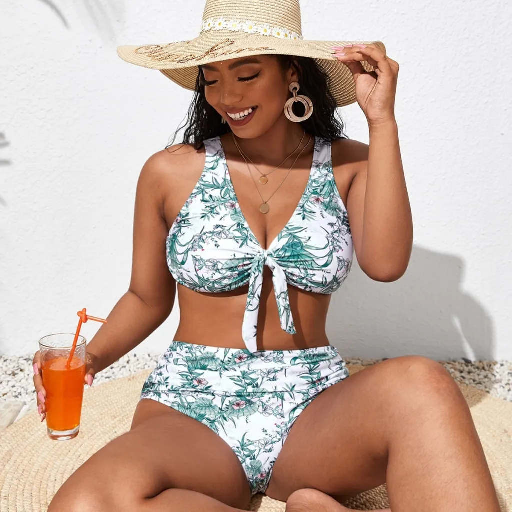 Long Sleeve Split Bikini Two-piece Set Plus Size Swimsuit - Picture Color-Xxl