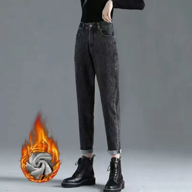 Women's Fashion Simple High Waist Cropped Jeans Black Gray Fleece Lined Style - Shop at LoveMi