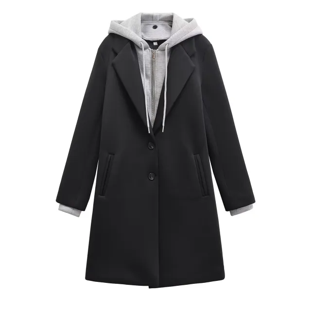 Women's Single breasted Pocket Long Sleeve Detachable Contrast Color Coat Black - Shop at LoveMi