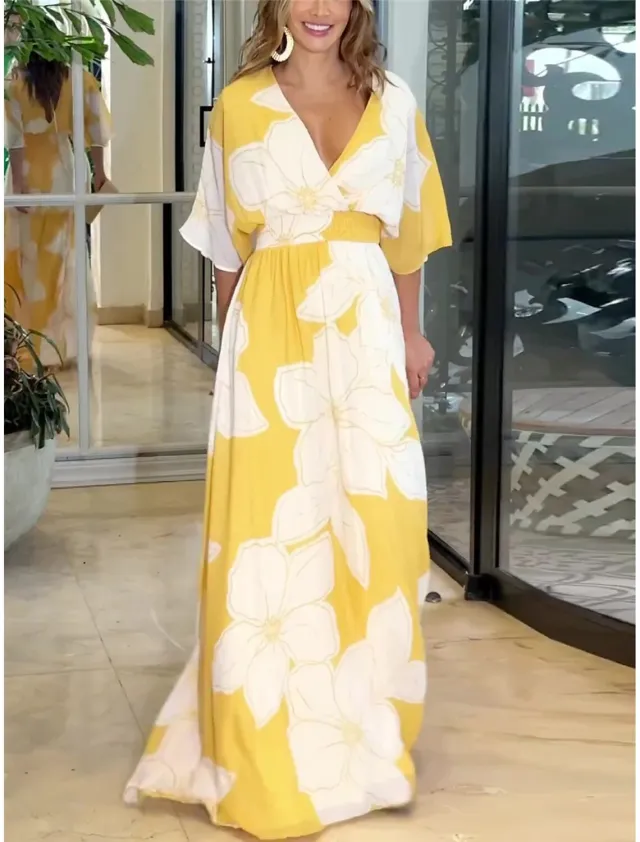Flower Printed V neck Batwing sleeved Dress Fashion Elegant Backless Long Dresses Women's Clothing Yellow Background Flower - Shop at LoveMi