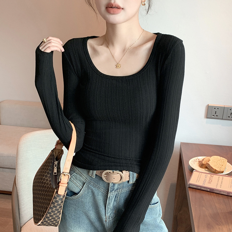 Big U neck T shirt Women's Bottoming Shirt Long Sleeve Black - Shop at LoveMi