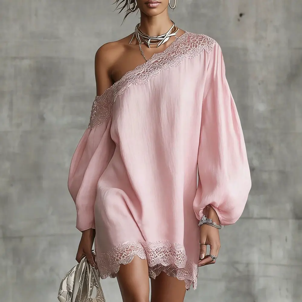 Solid-color Lace-trimmed Casual Off-shoulder Long-sleeve Top