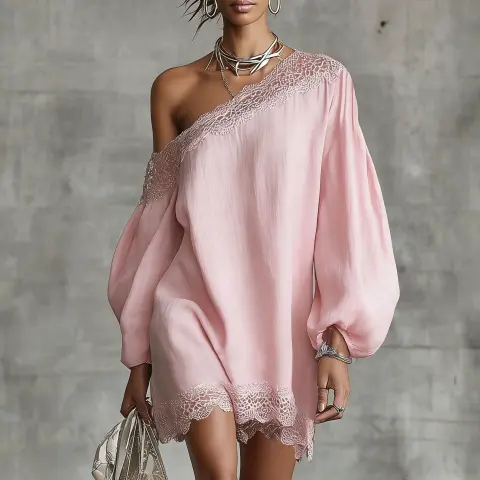 Solid-color Lace-trimmed Casual Off-shoulder Long-sleeve Top