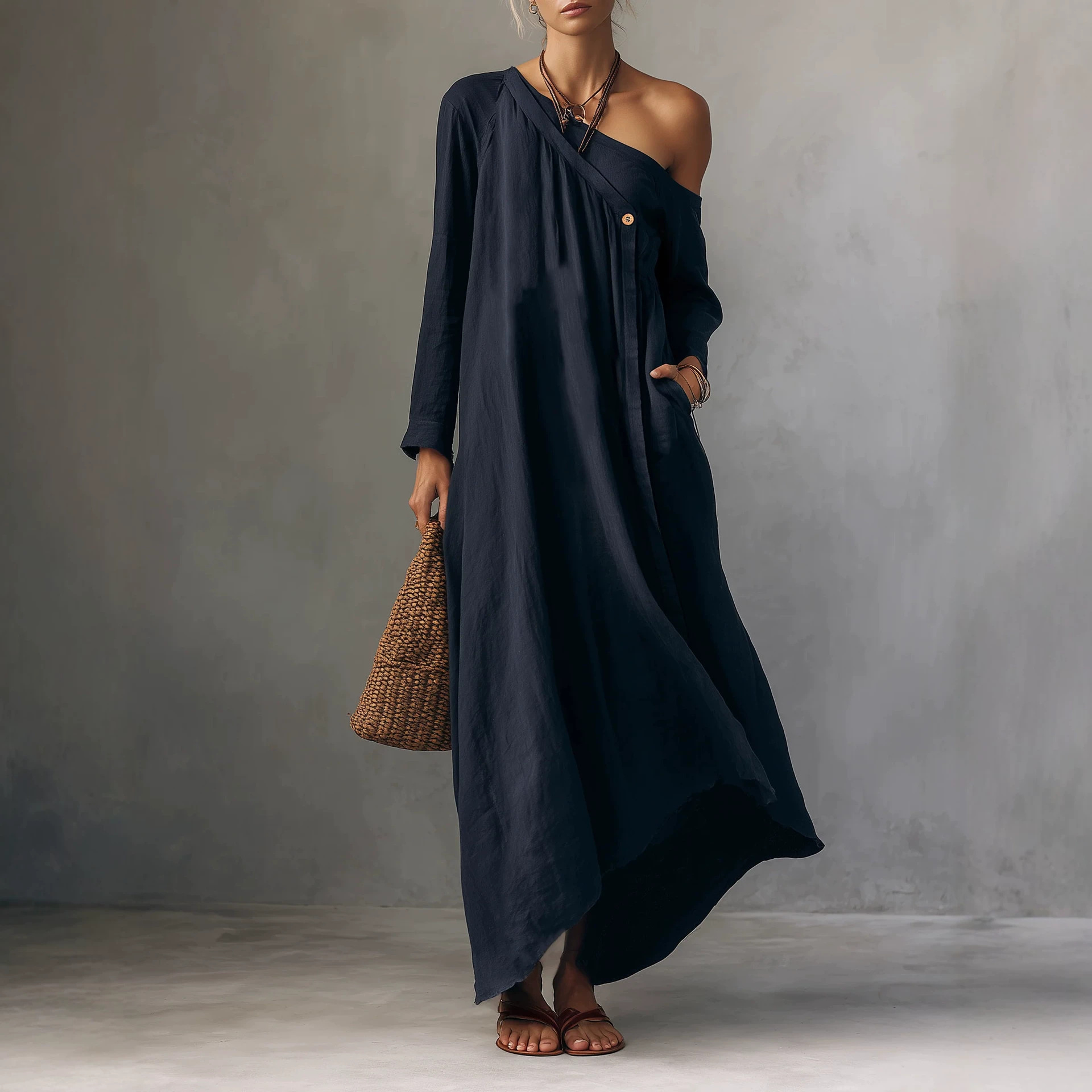 Womens Loose-fitting Long Off-shoulder Dress