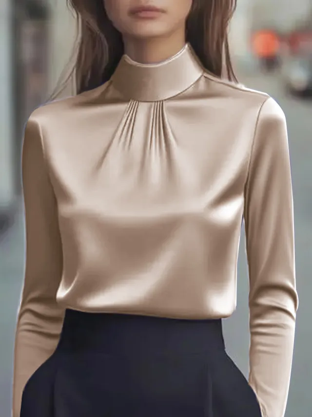 Women's Casual Fashionable Elegant Solid Color Long Sleeve Shirt Khaki - Shop at LoveMi