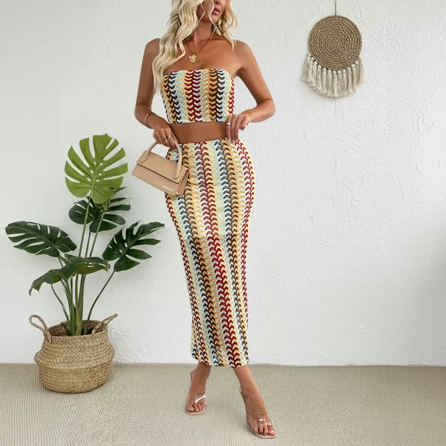 Womens Two Piece Set Color Striped Tube Top And Skirt Combo Yellow - Shop at LoveMi
