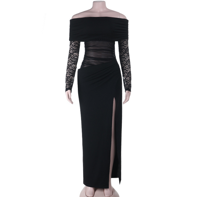 Womens Lace Panel Sexy Slit Elegant Dress Black - Shop at LoveMi