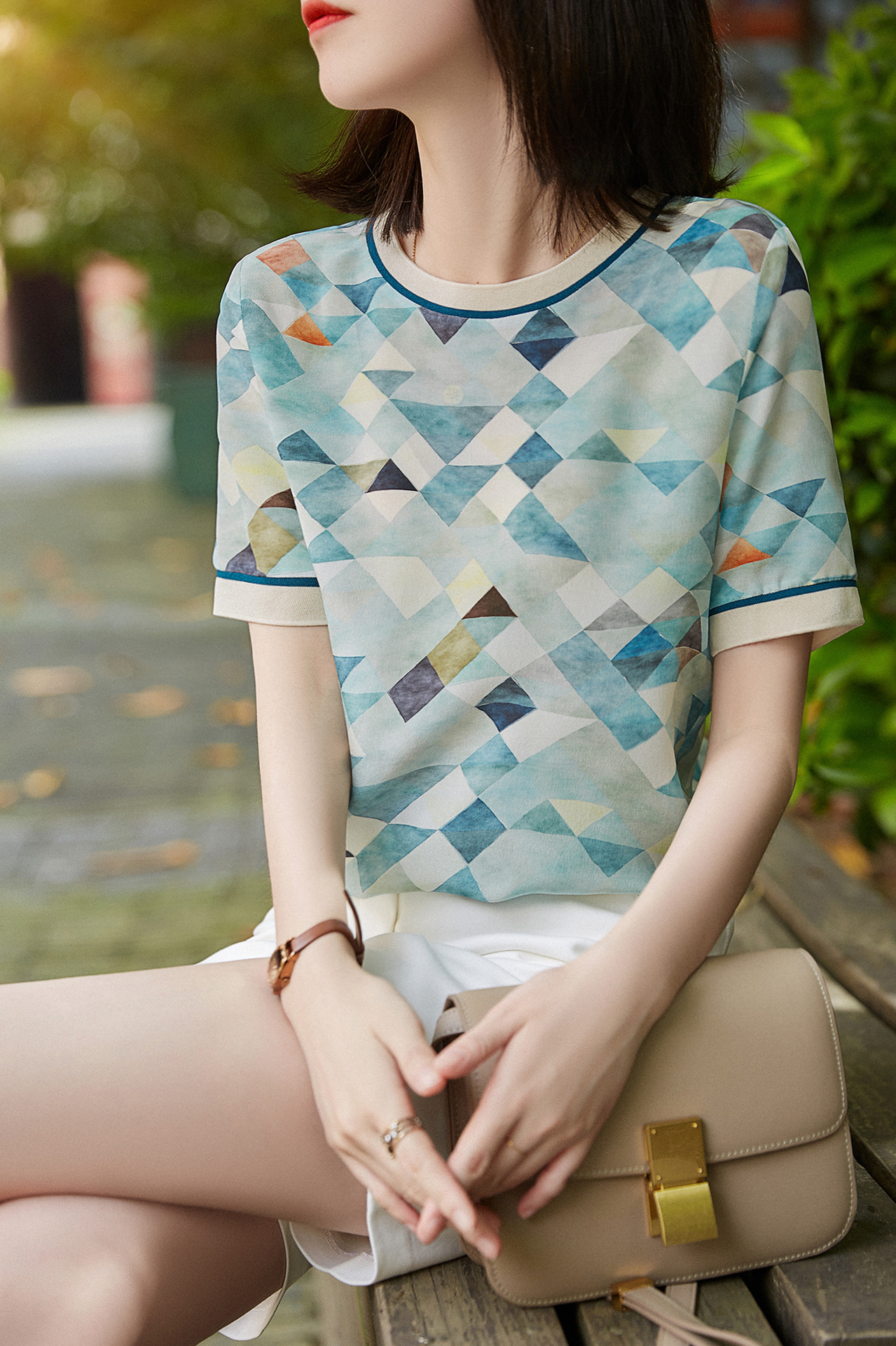 Women's Geometric Contrast Color Printed Short-sleeved T-shirt