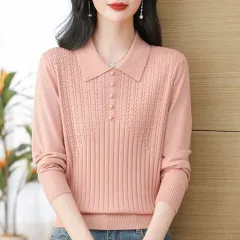 Beaded Lapel Younger Knitwear Women's Sweater - Pink - View 1