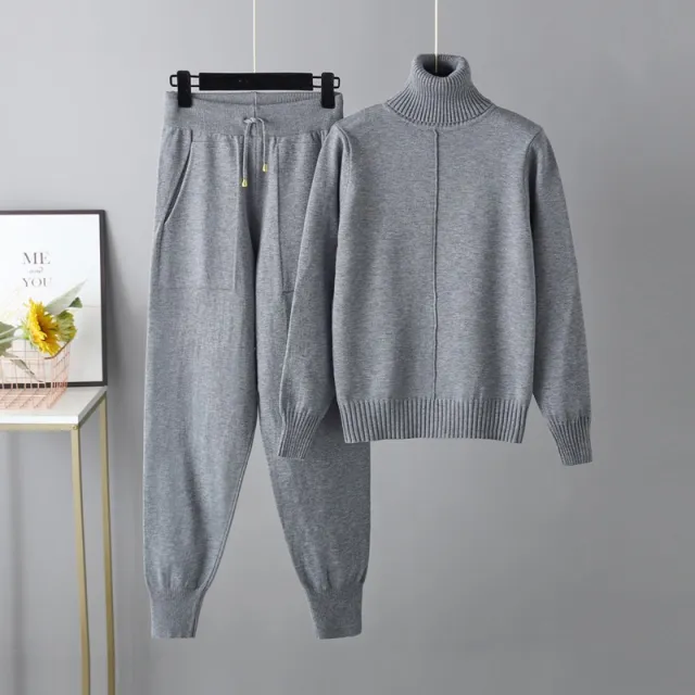 Casual Fashion Set autumn And Winter Cross border European And American Turtleneck Solid Color Sweaters Two piece Set Gray - Shop at LoveMi