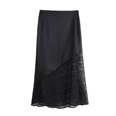 European And American Style Lace Stitching Silk Satin Texture Midi Dress - View 1