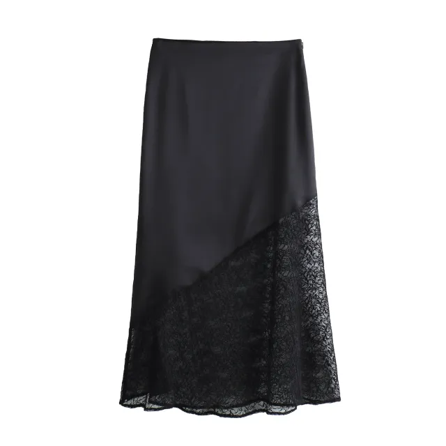 European And American Style Lace Stitching Silk Satin Texture Midi Dress - Shop at LoveMi