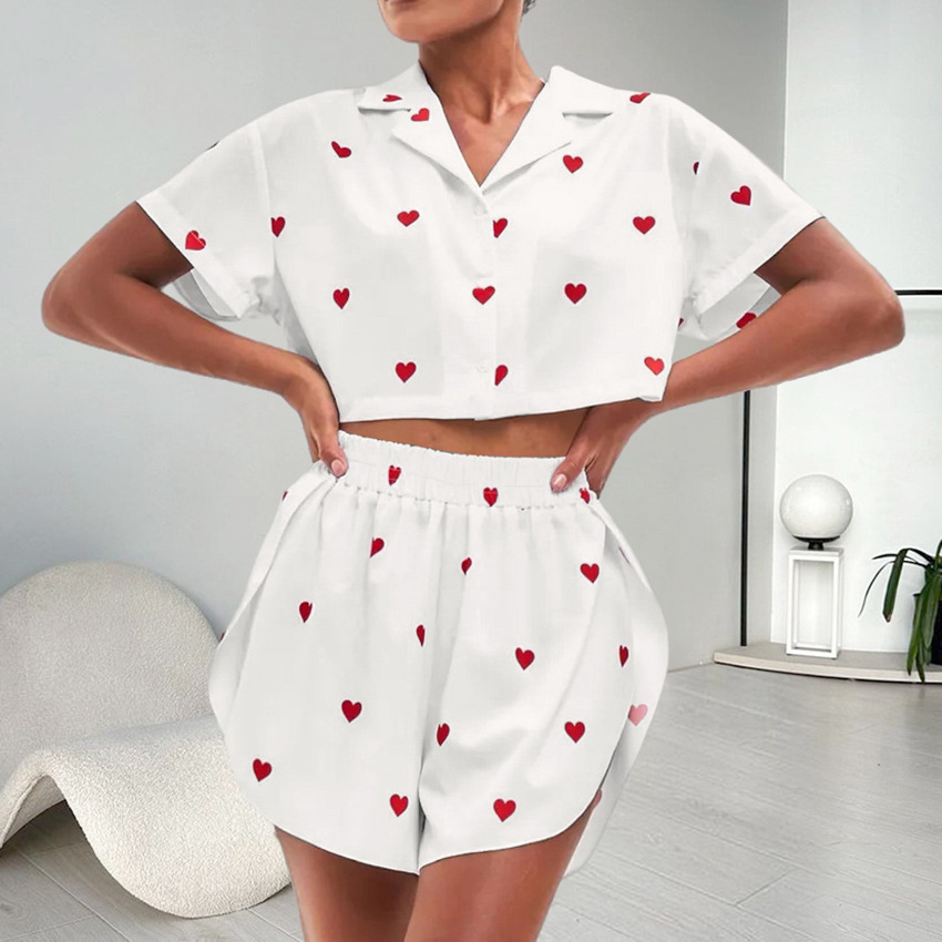 Women's Silk like Heart Printing Pajamas Two piece Set White - Shop at LoveMi