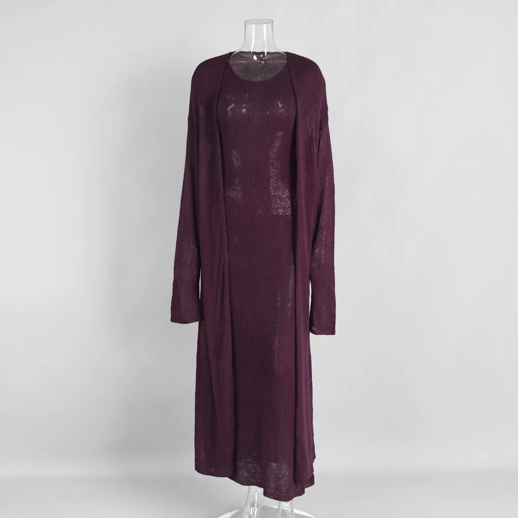 Cardigan Knitted Cardigan Sleeveless Dress Two-piece Set - Purple