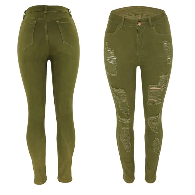 Women's Slim fit Multi color Knee Ripped Jeans Repair Green - Shop at LoveMi