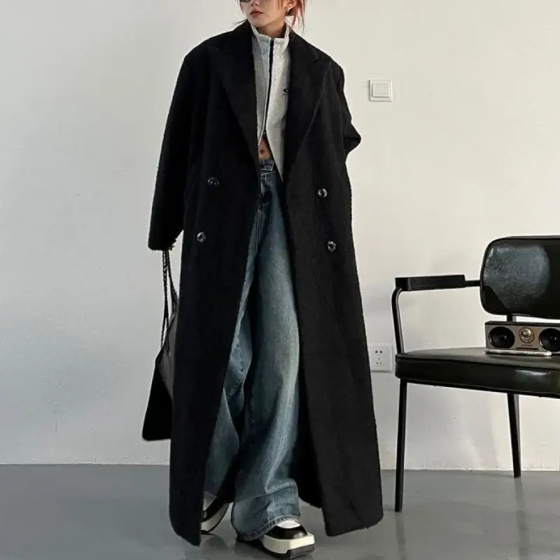 Black Woolen Coat Female Thick Loose