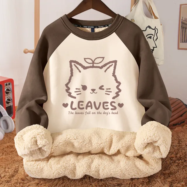 Women's Autumn And Winter Fleece lined Thickened Hooded Berber Fleece Coat Contrast Color Raglan Cute Cat - Shop at LoveMi