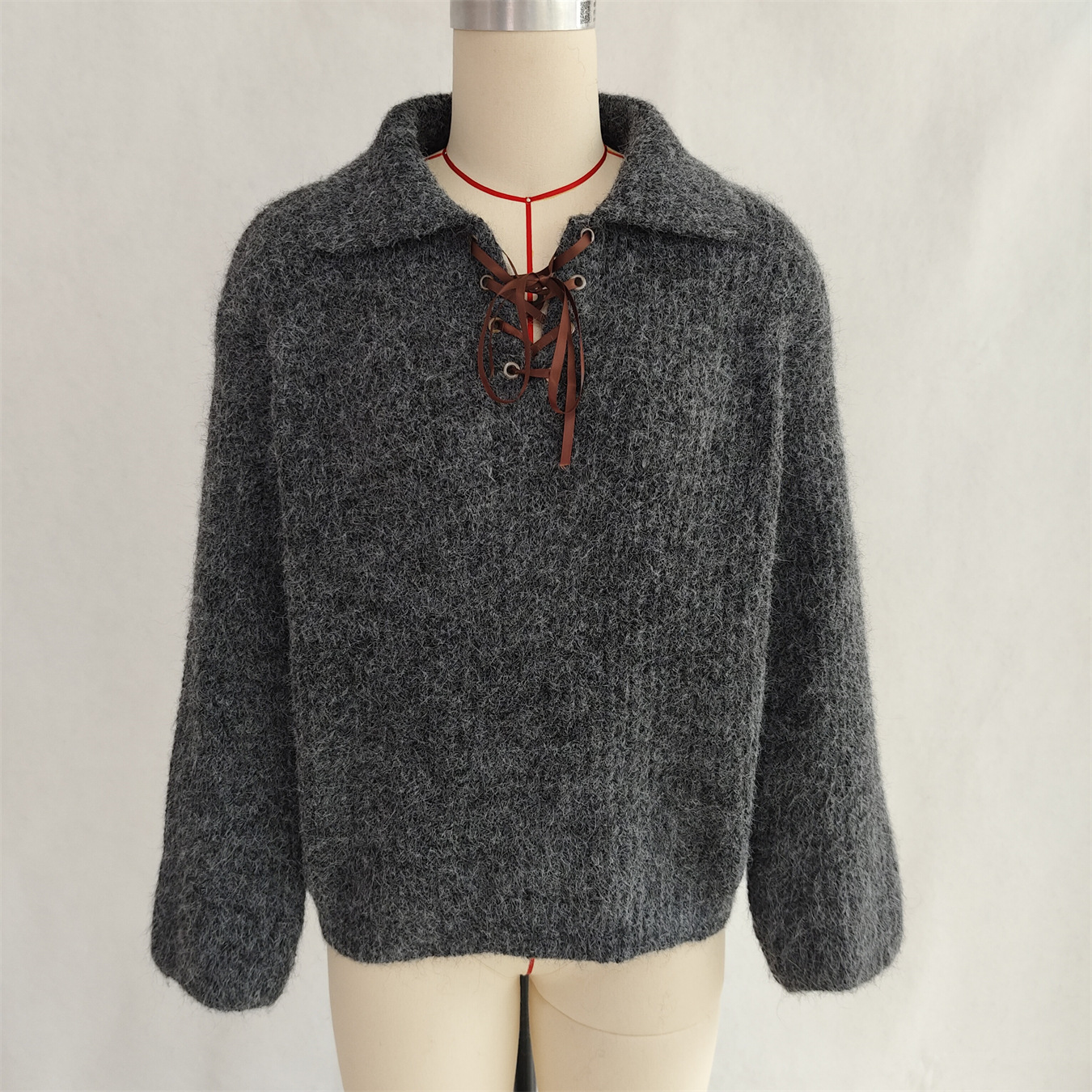 Simple Commute Lapel Tied Knitted Pullover Solid Color Loose Sweater