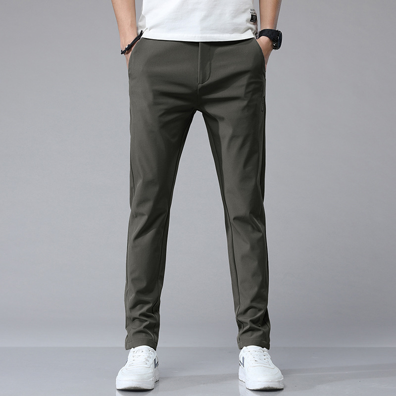 Mens Ice Silk All-Match Elastic-Waist Casual Pants With Fleece Lining For Autumn