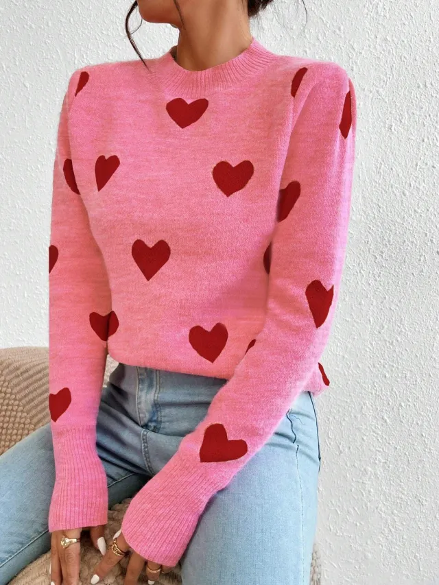 Leisure Heart Jacquard Long Sleeve Crew Neck Pullover Sweater Pink - Shop at LoveMi