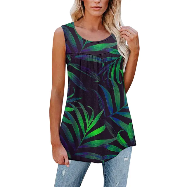 Flower Print Sleeveless Pleated Casual Loose Vest T shirt Women's Clothing Pattern 7 - Shop at LoveMi