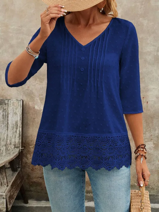Hollow out Embroidered Casual Women's Blouse Blue - Shop at LoveMi