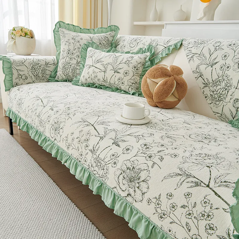 French Retro Sofa Cushion Four Seasons Universal Non-slip Chenille Cushion - Green
