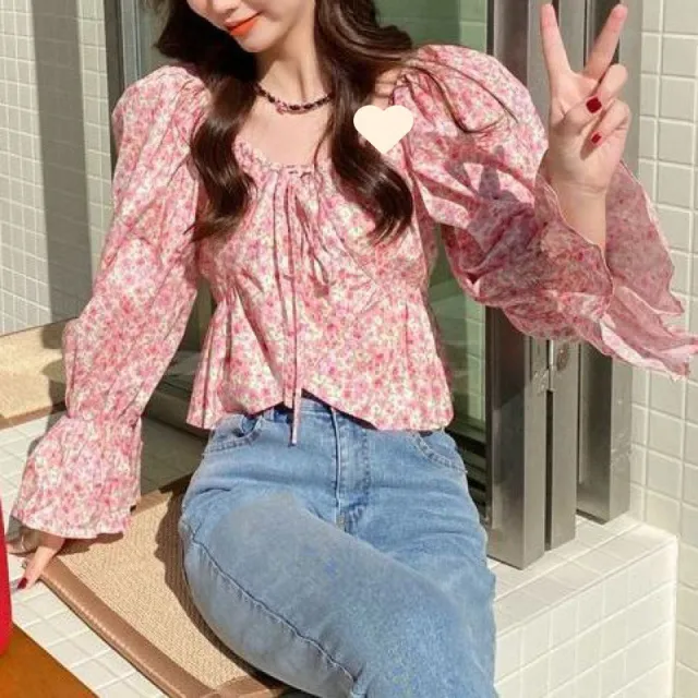 French Floral Shirt Off shoulder Square Collar Niche Design Pink - Shop at LoveMi