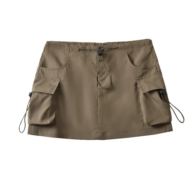 Low Waist Drawstring Elastic Side Workwear With Pocket Skirt Brown - Shop at LoveMi