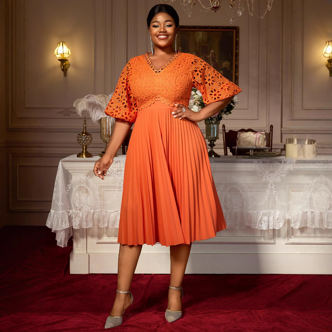 Lace Hollow Pattern Puff Sleeve V-neck Slimming A Swing Elegant Pleated Dress