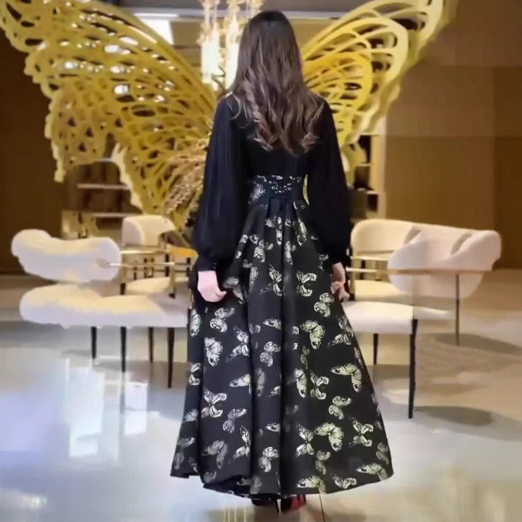 Elegant Long Sleeve Butterfly Bronzing Dress