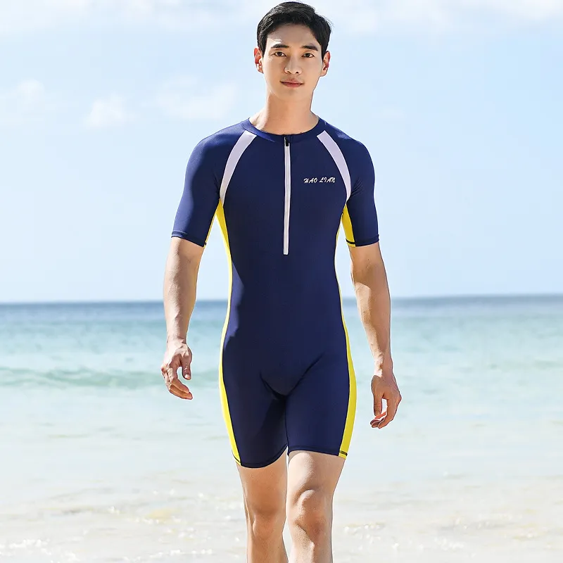 One-piece Swimsuit Short-sleeved Sunscreen Student Professional Training - 9589 Men'S Navy Blue