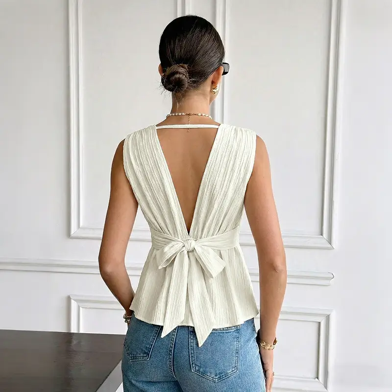V-neck Backless Lace-up Sleeveless Womens Blouse
