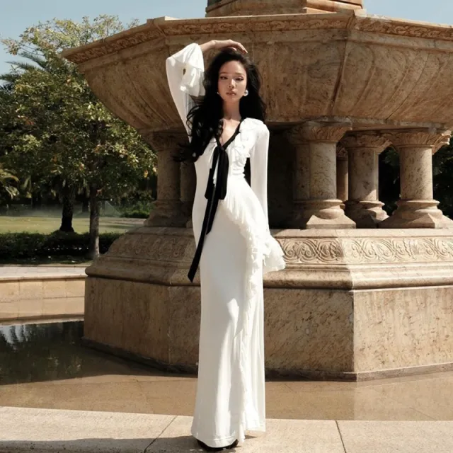 Elegant High waist V neck Long sleeve Split Dress White - Shop at LoveMi