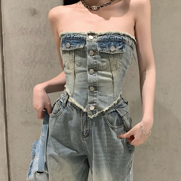 Hot Girl Slim Tube Top Ripped Jeans Denim Jacket - Shop at LoveMi
