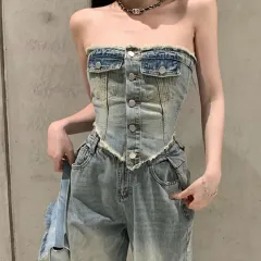 Slim Tube Top Ripped Jeans - Denim Jacket-L - View 1