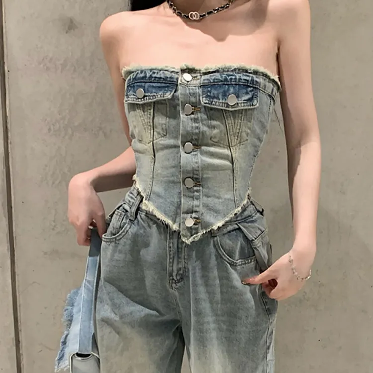 Slim Tube Top Ripped Jeans - Denim Jacket